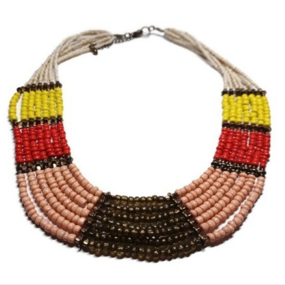 Vintage 90s Glass Bead Brown, Yellow, Red 7 Strand Southwestern Necklace